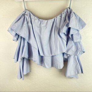 La Garconne Moderne Tiered Ruffle Off-The-Shoulder Blouse Light‎ Blue Layered